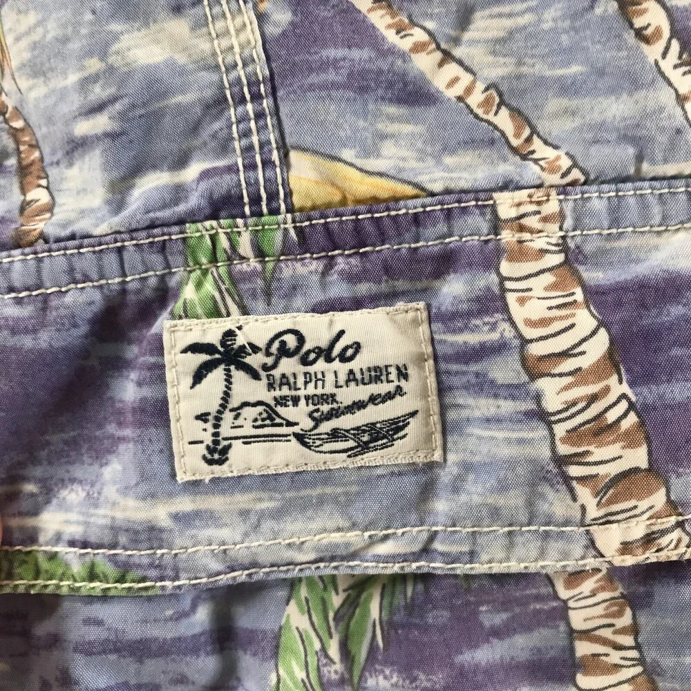 Polo by Ralph Lauren Swim Trunks Mens Medium 33 Blue Surfer Print Elastic Waist